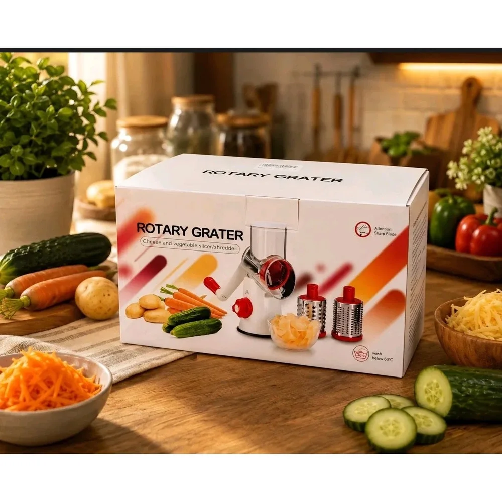 Rotary Grater Cheese & Vegetable Slicer 3 Blades Suction Cup Mount Peeler New
